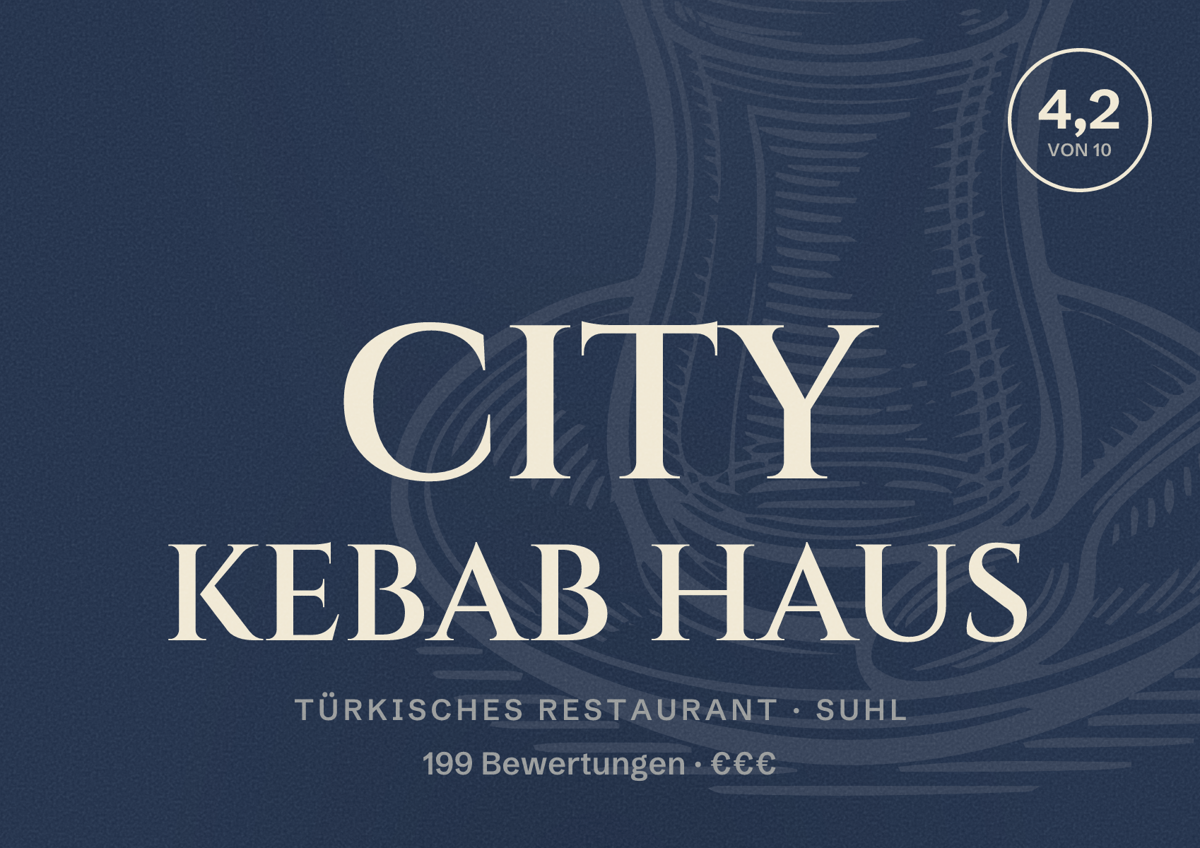 Illustriertes Poster von CITY KEBAB HAUS, Türkisches Restaurant in Suhl: Bewertung 4,2 von 10 aus 199 Bewertungen, Preisniveau €€€