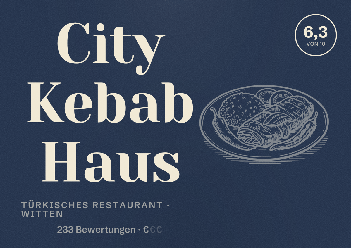 Illustriertes Poster von City Kebab Haus, Türkisches Restaurant in Witten: Gästebewertung 6,3 von 10 aus 233 Bewertungen