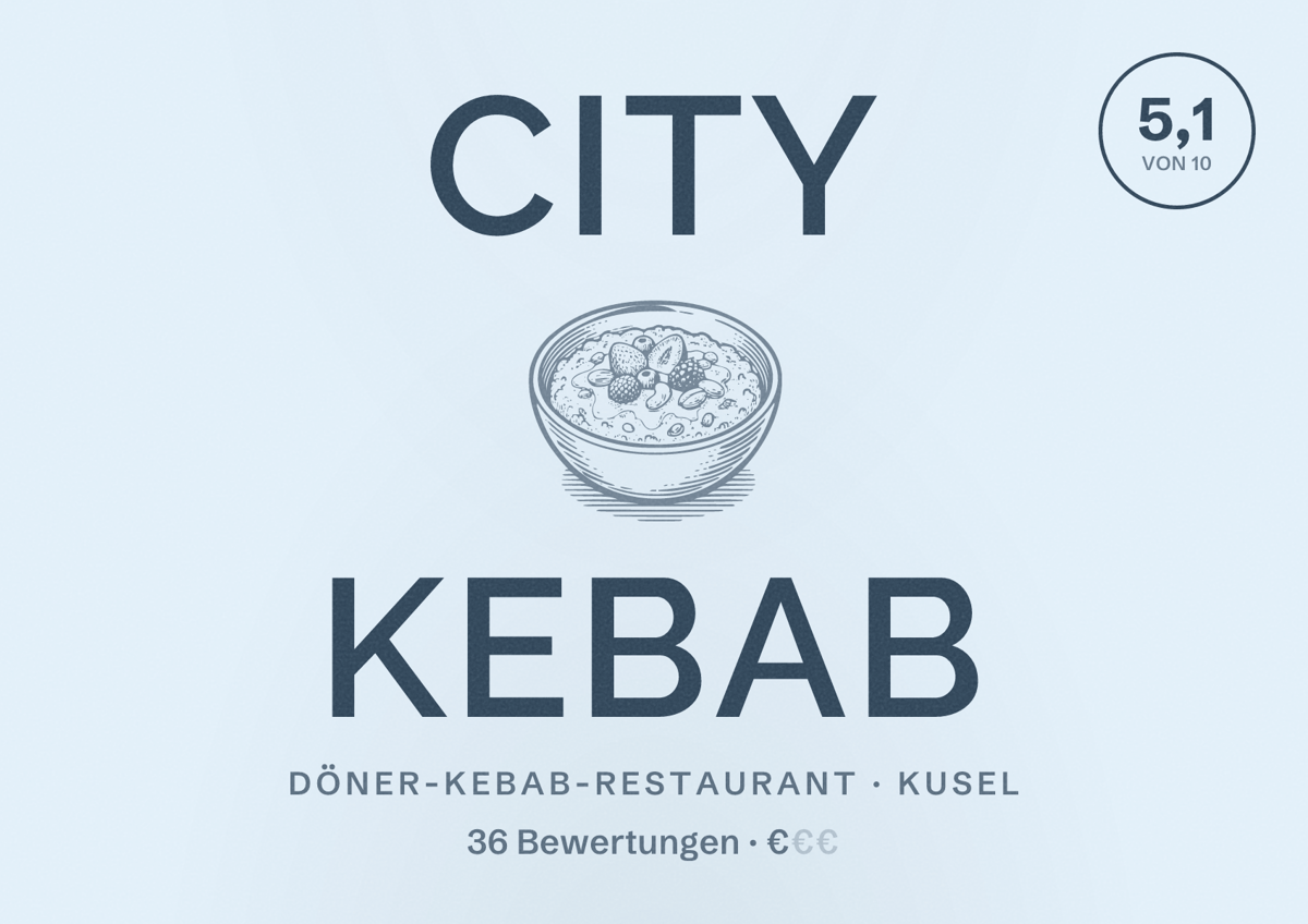 Illustriertes Poster von City Kebab, Döner-Kebab-Restaurant in Kusel: Bewertung 5,1 von 10 aus 36 Bewertungen, Preisniveau €