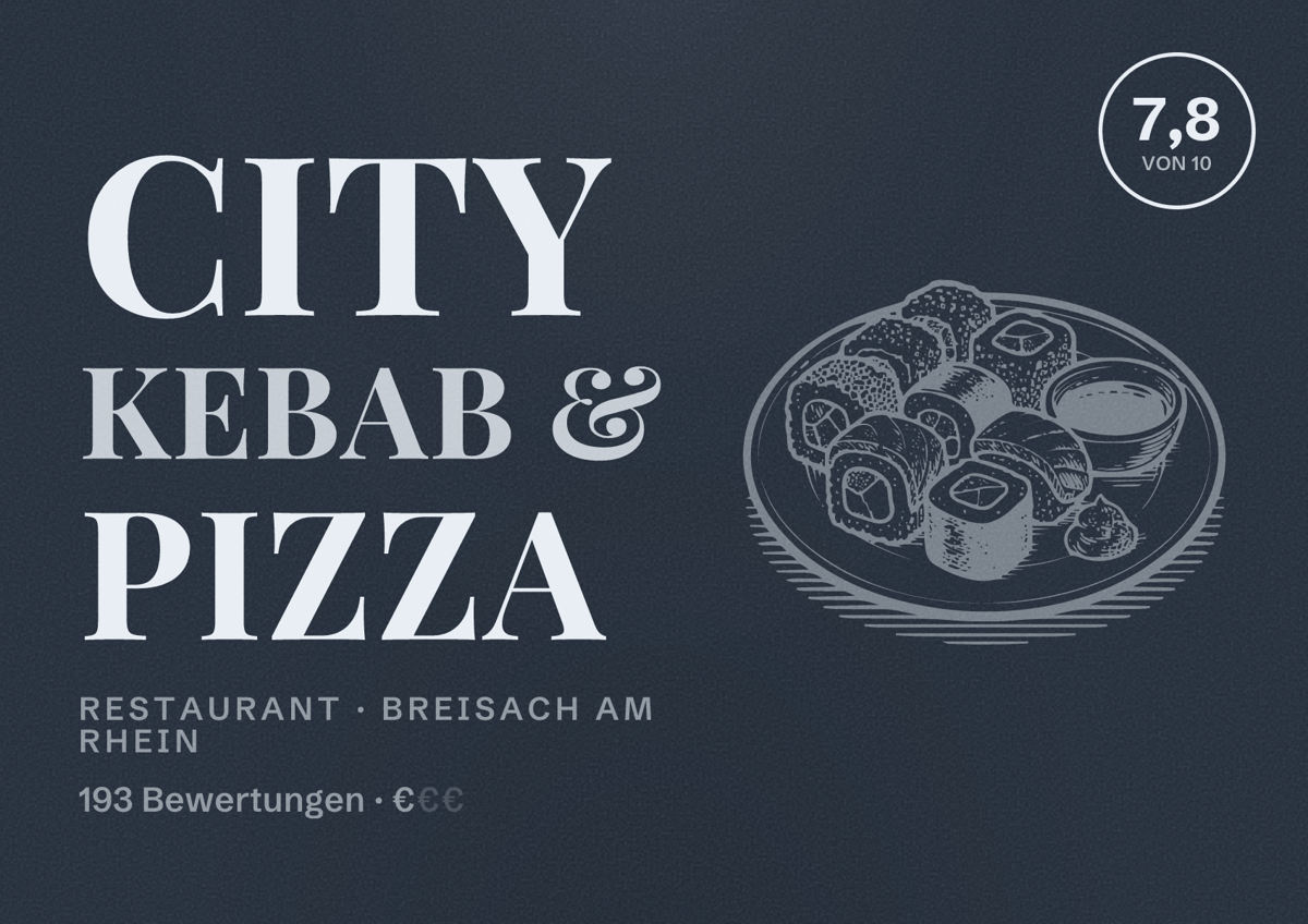 Illustriertes Poster von City Kebab & Pizza, Restaurant in Breisach am Rhein: Bewertung 7,8 von 10 aus 193 Bewertungen, Preisniveau €