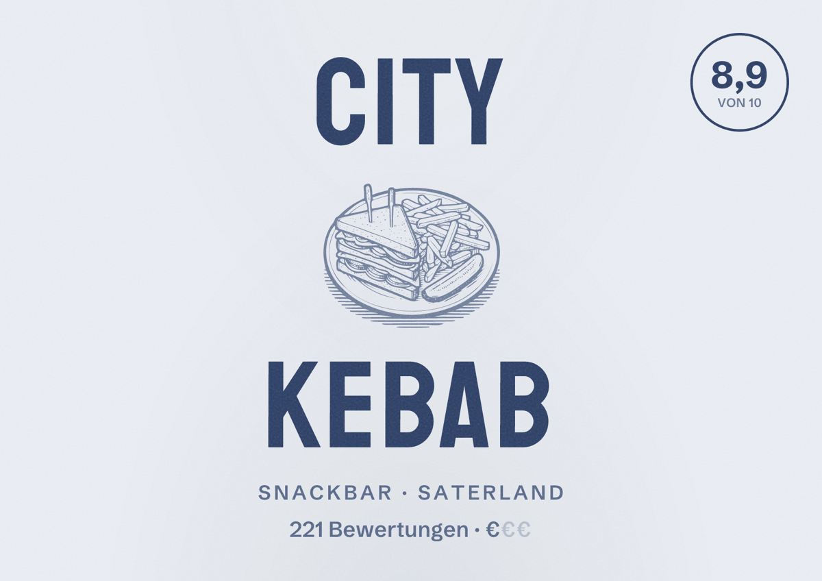 Illustriertes Poster von City Kebab, Snackbar in Saterland: Bewertung 8,9 von 10 aus 221 Bewertungen, Preisniveau €
