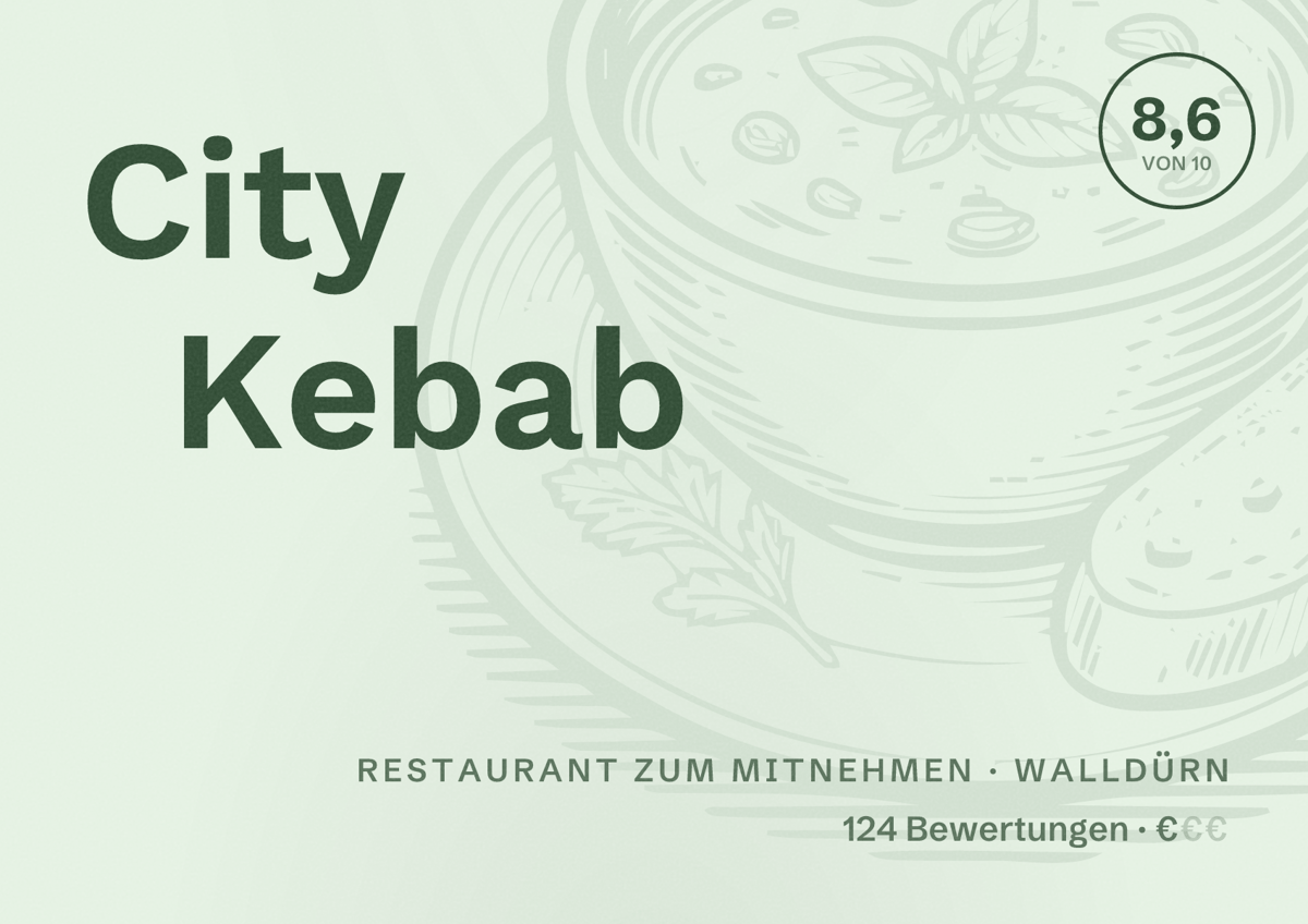 Illustriertes Poster von City Kebab, Restaurant zum Mitnehmen in Walldürn: Bewertung 8,6 von 10 aus 124 Bewertungen, Preisniveau €