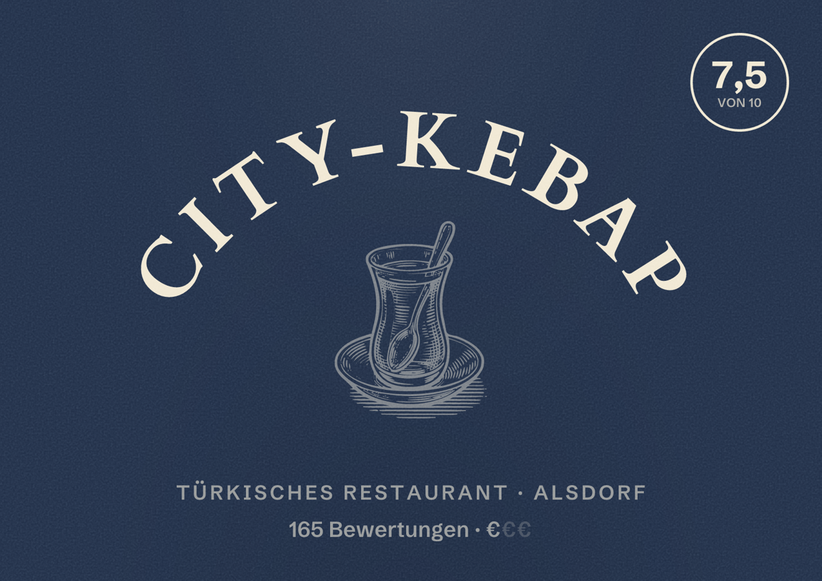 Illustriertes Poster von CITY-KEBAP, Türkisches Restaurant in Alsdorf: Bewertung 7,5 von 10 aus 165 Bewertungen, Preisniveau €