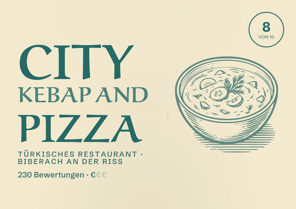 Illustriertes Poster von City Kebap and Pizza, Türkisches Restaurant in Biberach an der Riß: Bewertung 8 von 10 aus 230 Bewertungen, Preisniveau €