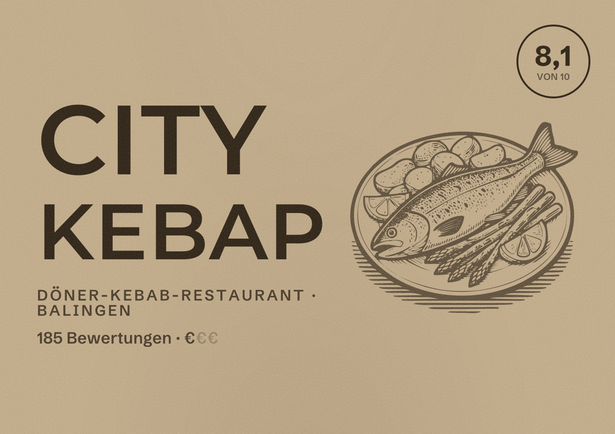 Illustriertes Poster von City kebap, Döner-Kebab-Restaurant in Balingen: Bewertung 8,1 von 10 aus 185 Bewertungen, Preisniveau €
