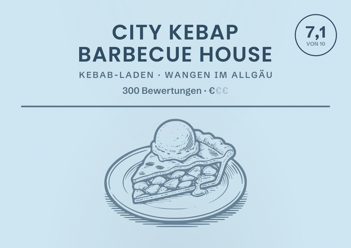 Illustriertes Poster von City Kebap Barbecue House, Kebab-Laden in Wangen im Allgäu: Bewertung 7,1 von 10 aus 300 Bewertungen, Preisniveau €