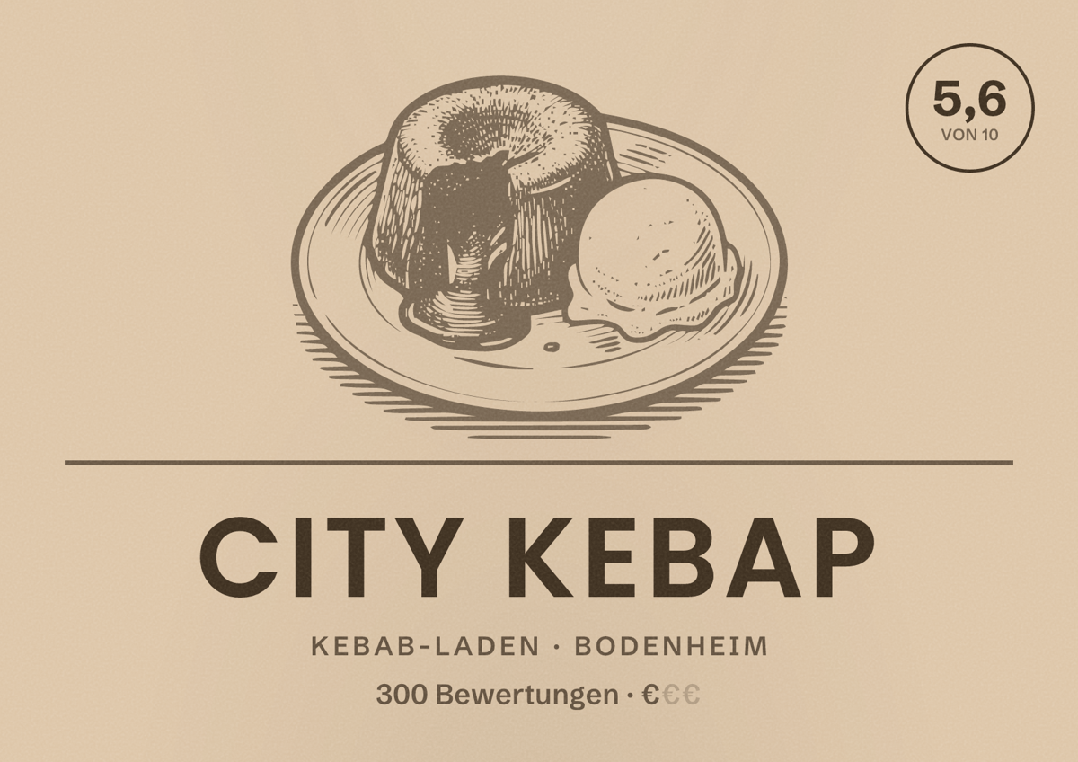 Illustriertes Poster von City Kebap, Kebab-Laden in Bodenheim: Bewertung 5,6 von 10 aus 300 Bewertungen, Preisniveau €