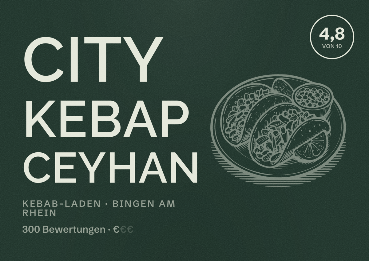 Illustriertes Poster von City Kebap Ceyhan, Kebab-Laden in Bingen am Rhein: Bewertung 4,8 von 10 aus 300 Bewertungen, Preisniveau €
