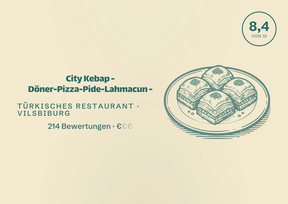 Illustriertes Poster von City Kebap - Döner-Pizza-Pide-Lahmacun -, Türkisches Restaurant in Vilsbiburg: Bewertung 8,4 von 10 aus 214 Bewertungen, Preisniveau €