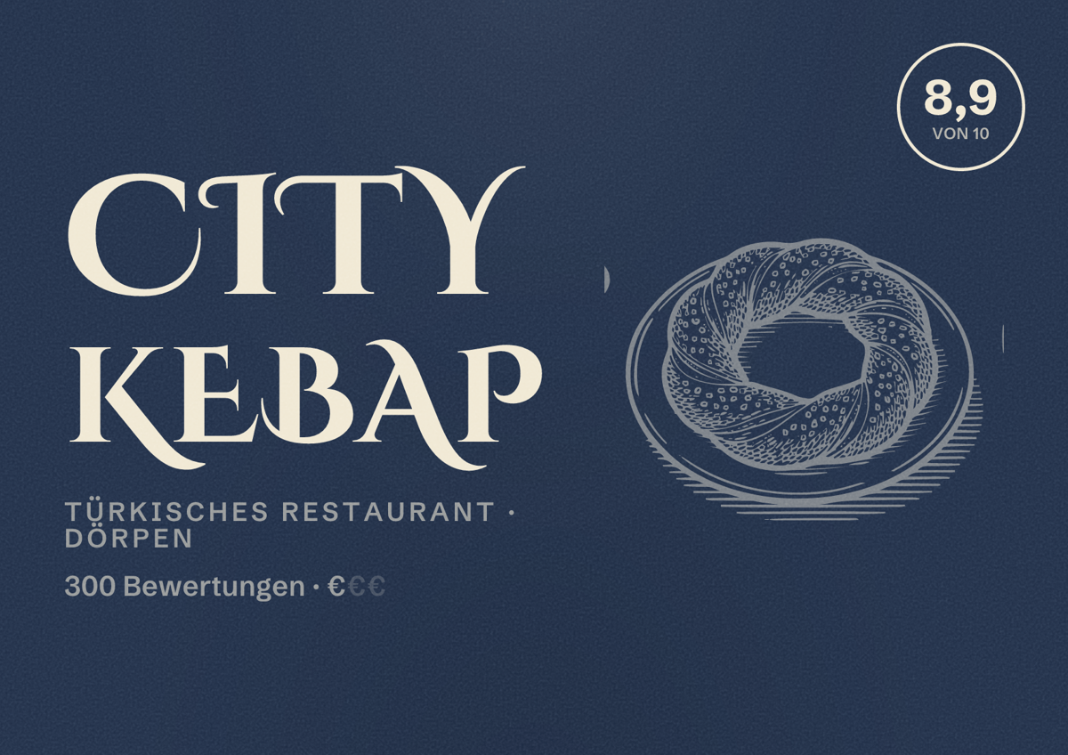 Illustriertes Poster von City Kebap, Türkisches Restaurant in Dörpen: Bewertung 8,9 von 10 aus 300 Bewertungen, Preisniveau €