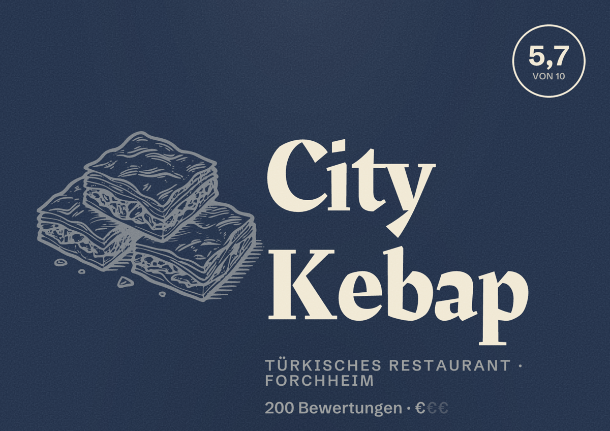 Illustriertes Poster von City Kebap, Türkisches Restaurant in Forchheim: Bewertung 5,7 von 10 aus 200 Bewertungen, Preisniveau €