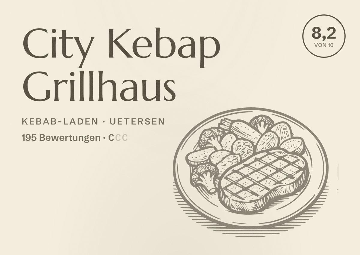 Illustriertes Poster von City Kebap Grillhaus, Kebab-Laden in Uetersen: Bewertung 8,2 von 10 aus 195 Bewertungen, Preisniveau €
