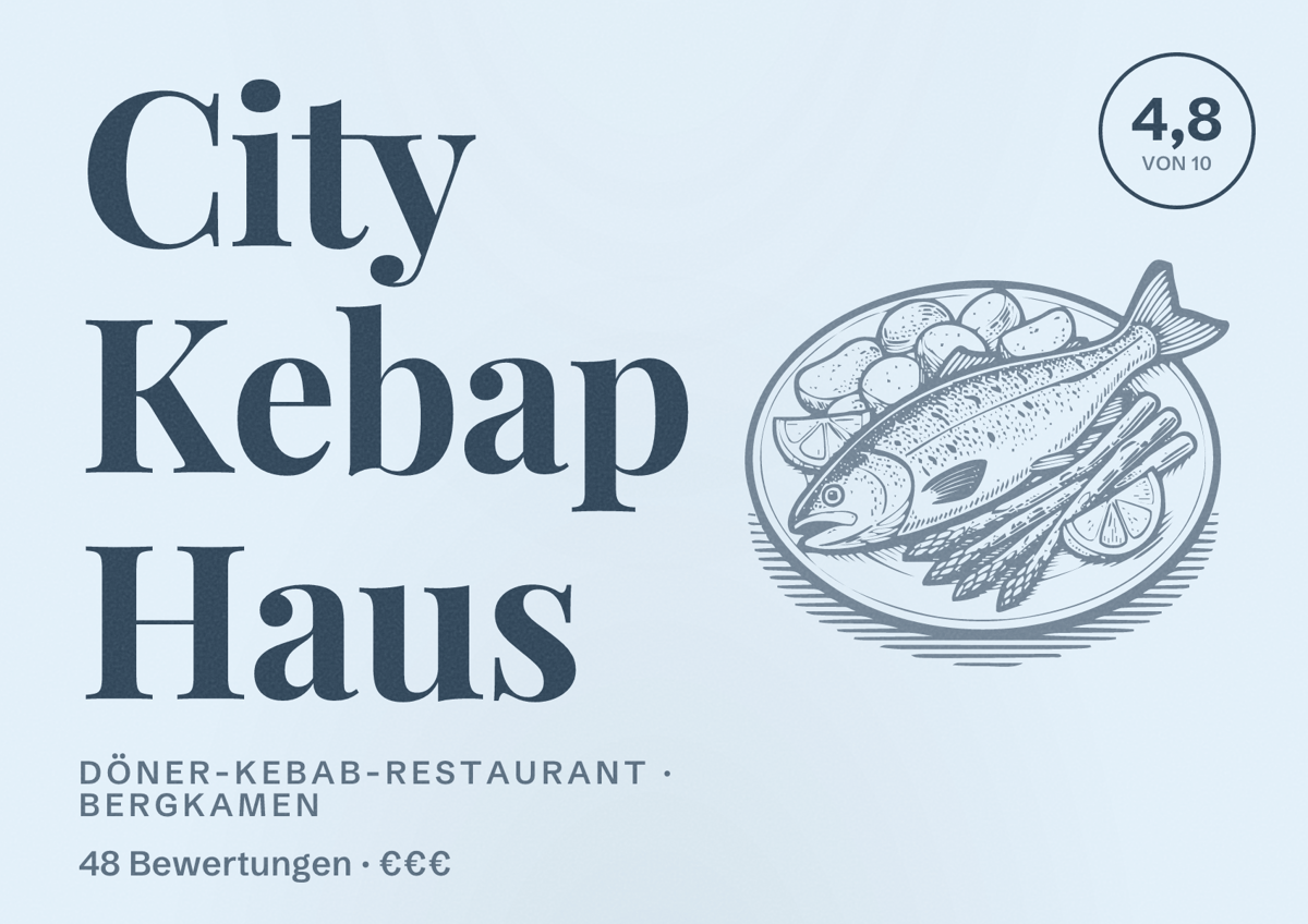 Illustriertes Poster von City Kebap Haus, Döner-Kebab-Restaurant in Bergkamen: Bewertung 4,8 von 10 aus 48 Bewertungen, Preisniveau €€€
