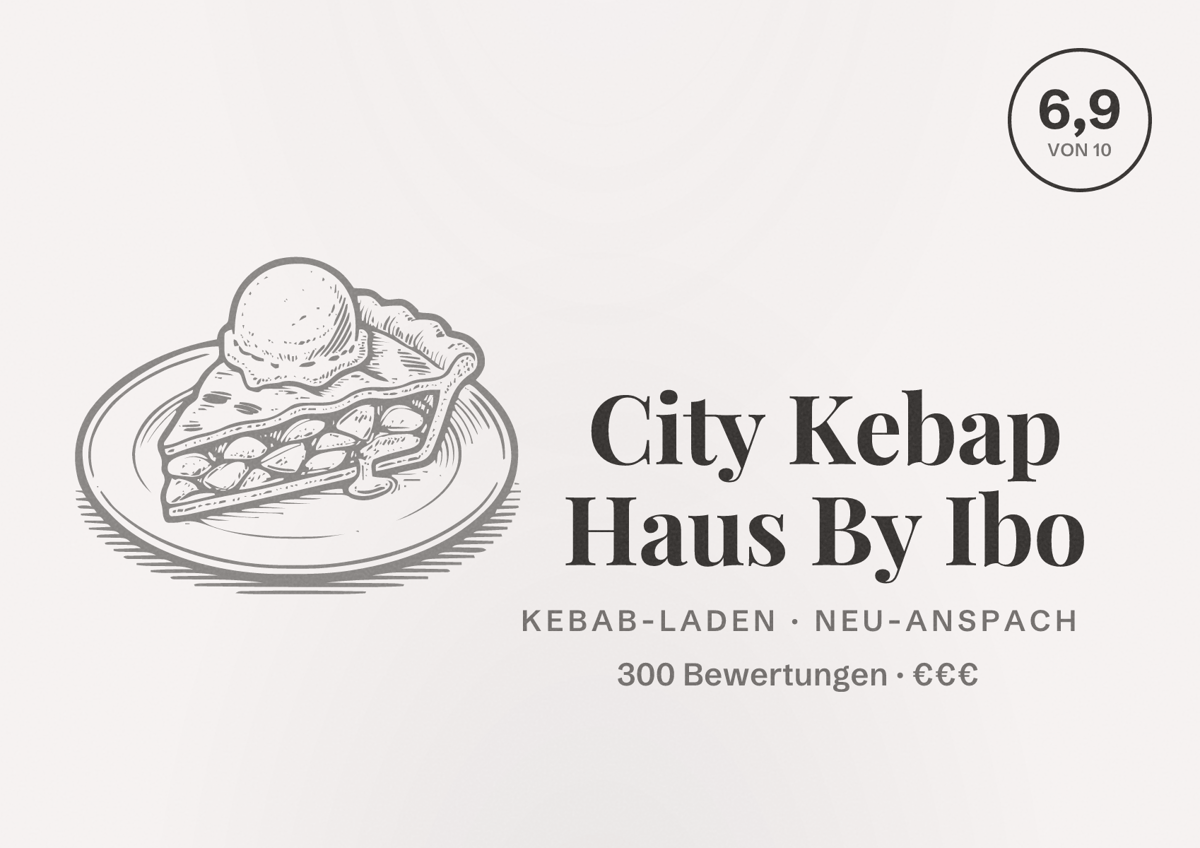 Illustriertes Poster von City Kebap Haus By Ibo, Kebab-Laden in Neu-Anspach: Bewertung 6,9 von 10 aus 300 Bewertungen, Preisniveau €€€