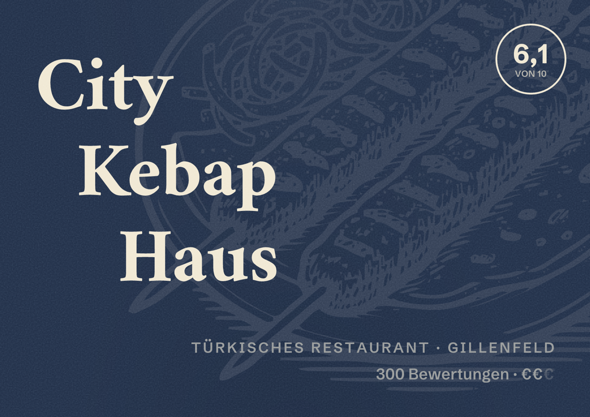 Illustriertes Poster von City Kebap Haus, Türkisches Restaurant in Gillenfeld: Bewertung 6,1 von 10 aus 300 Bewertungen, Preisniveau €€