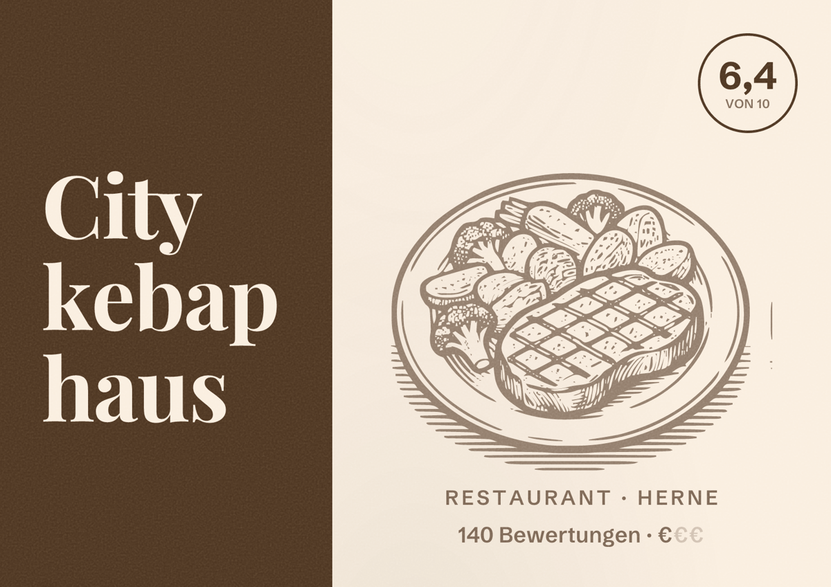 Illustriertes Poster von City kebap haus, Restaurant in Herne: Bewertung 6,4 von 10 aus 140 Bewertungen, Preisniveau €