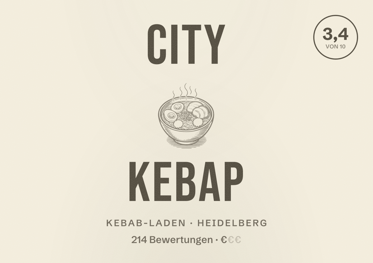 Illustriertes Poster von City Kebap, Kebab-Laden in Heidelberg: Bewertung 3,4 von 10 aus 214 Bewertungen, Preisniveau €