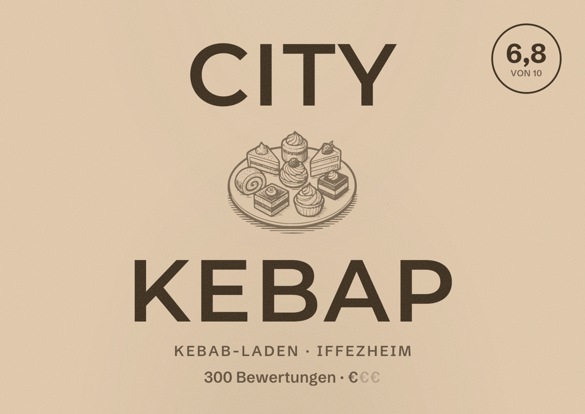 Illustriertes Poster von City Kebap, Kebab-Laden in Iffezheim: Bewertung 6,8 von 10 aus 300 Bewertungen, Preisniveau €