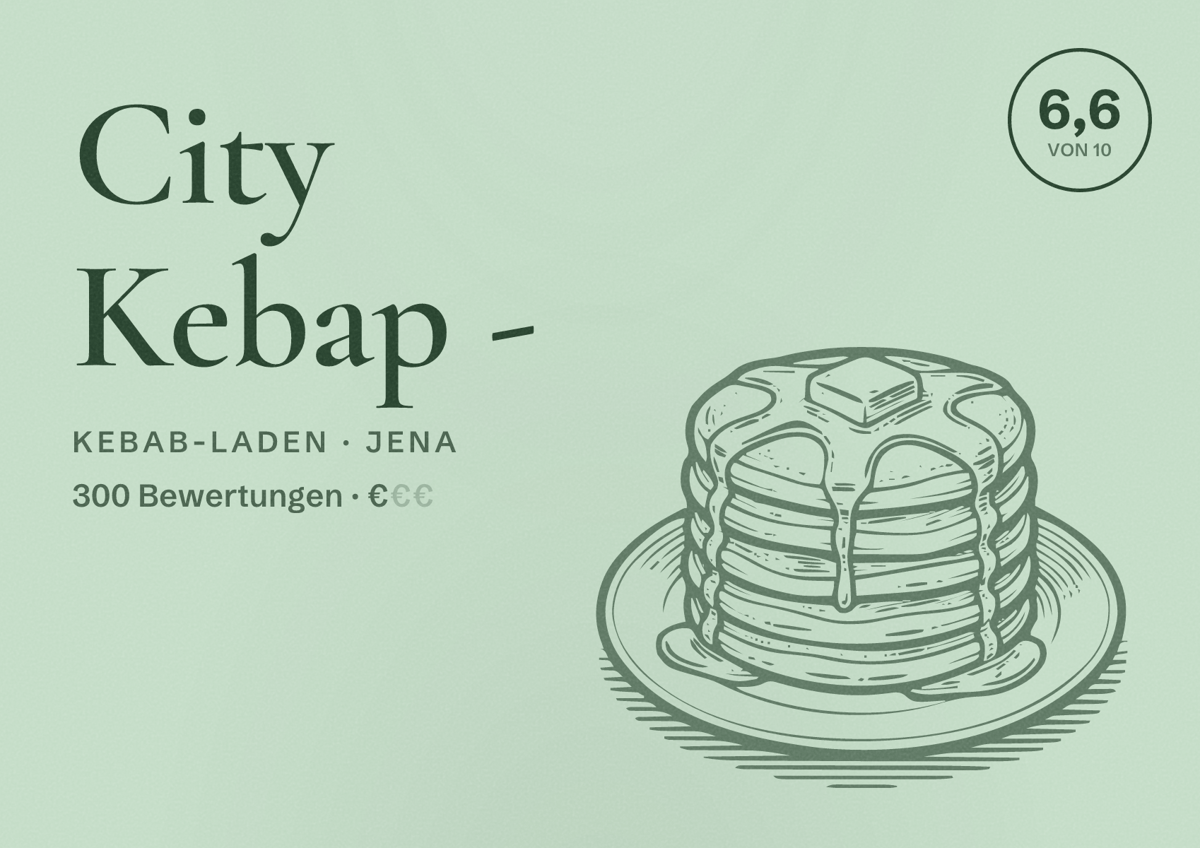 Illustriertes Poster von City Kebap -, Kebab-Laden in Jena: Bewertung 6,6 von 10 aus 300 Bewertungen, Preisniveau €