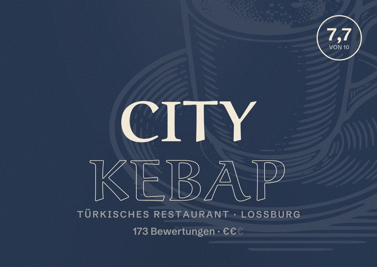 Illustriertes Poster von City Kebap, Türkisches Restaurant in Loßburg: Bewertung 7,7 von 10 aus 173 Bewertungen, Preisniveau €€