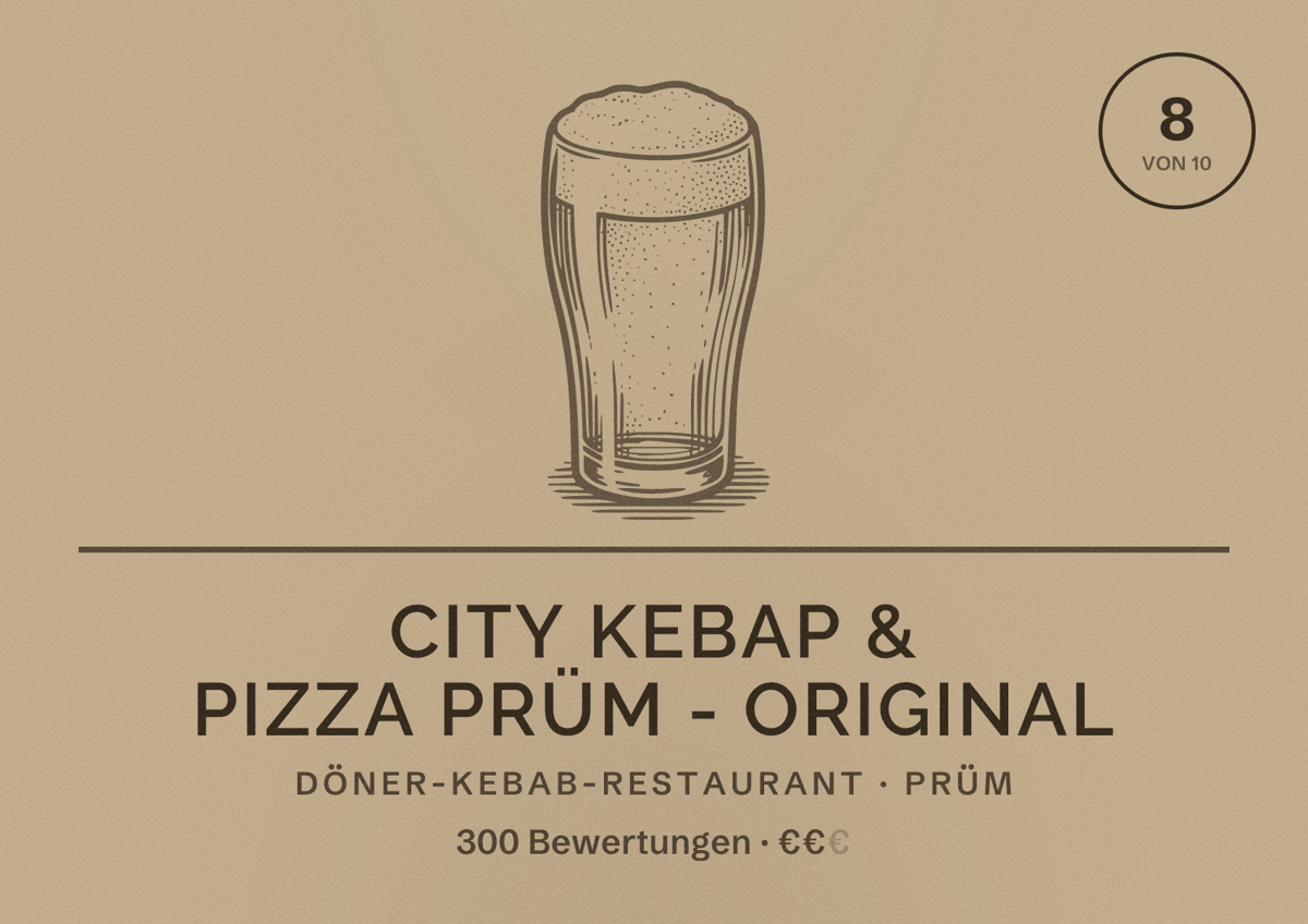 Illustriertes Poster von City Kebap & Pizza Prüm - Original, Döner-Kebab-Restaurant in Prüm: Bewertung 8 von 10 aus 300 Bewertungen, Preisniveau €€