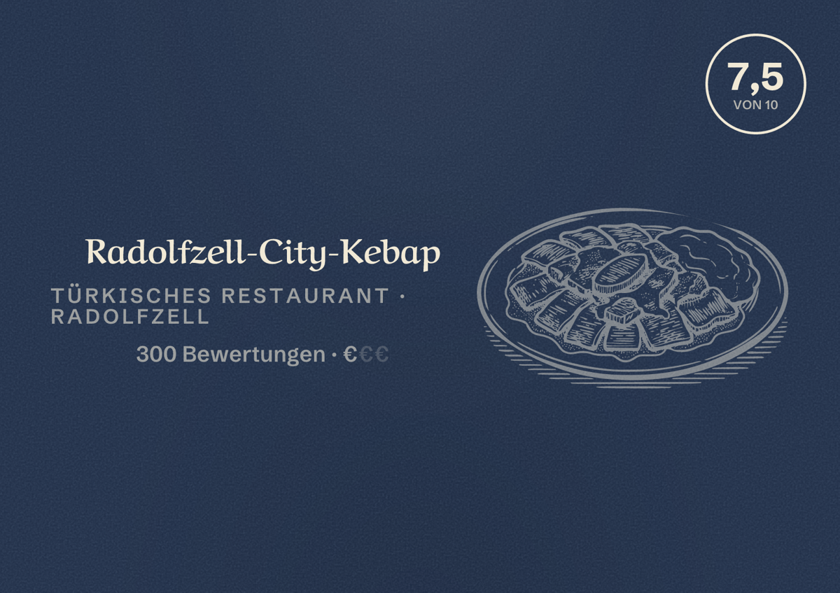 Illustriertes Poster von Radolfzell-City-Kebap, Türkisches Restaurant in Radolfzell: Bewertung 7,5 von 10 aus 300 Bewertungen, Preisniveau €