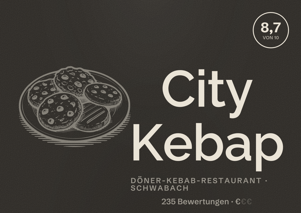 Illustriertes Poster von City Kebap, Döner-Kebab-Restaurant in Schwabach: Bewertung 8,7 von 10 aus 235 Bewertungen, Preisniveau €