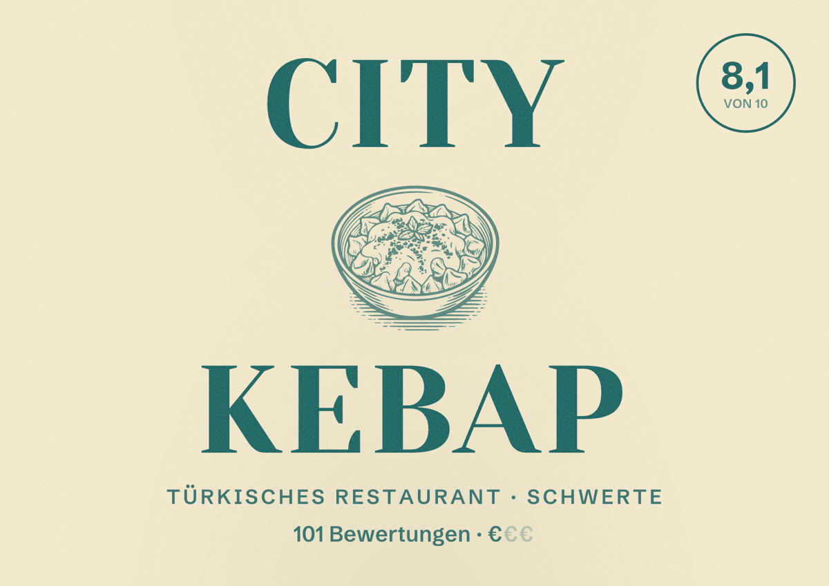 Illustriertes Poster von City Kebap, Türkisches Restaurant in Schwerte: Bewertung 8,1 von 10 aus 101 Bewertungen, Preisniveau €