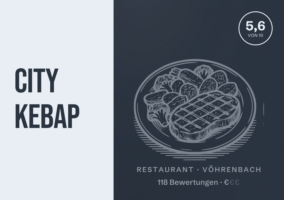Illustriertes Poster von City Kebap, Restaurant in Vöhrenbach: Bewertung 5,6 von 10 aus 118 Bewertungen, Preisniveau €