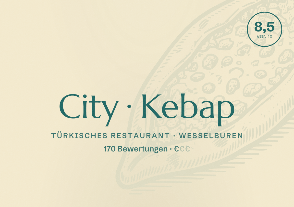 Illustriertes Poster von City Kebap, Türkisches Restaurant in Wesselburen: Bewertung 8,5 von 10 aus 170 Bewertungen, Preisniveau €