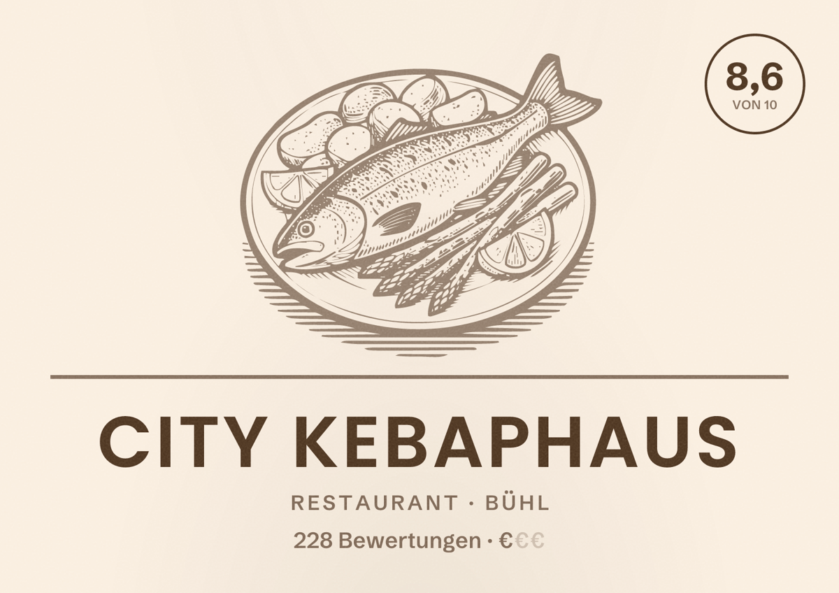 Illustriertes Poster von CITY KEBAPHAUS, Restaurant in Bühl: Bewertung 8,6 von 10 aus 228 Bewertungen, Preisniveau €