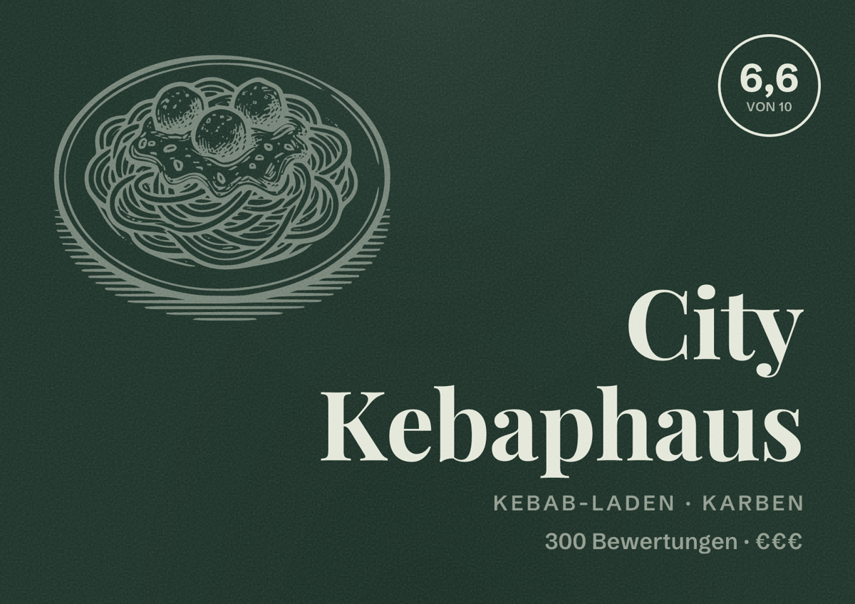 Illustriertes Poster von City Kebaphaus, Kebab-Laden in Karben: Bewertung 6,6 von 10 aus 300 Bewertungen, Preisniveau €€€