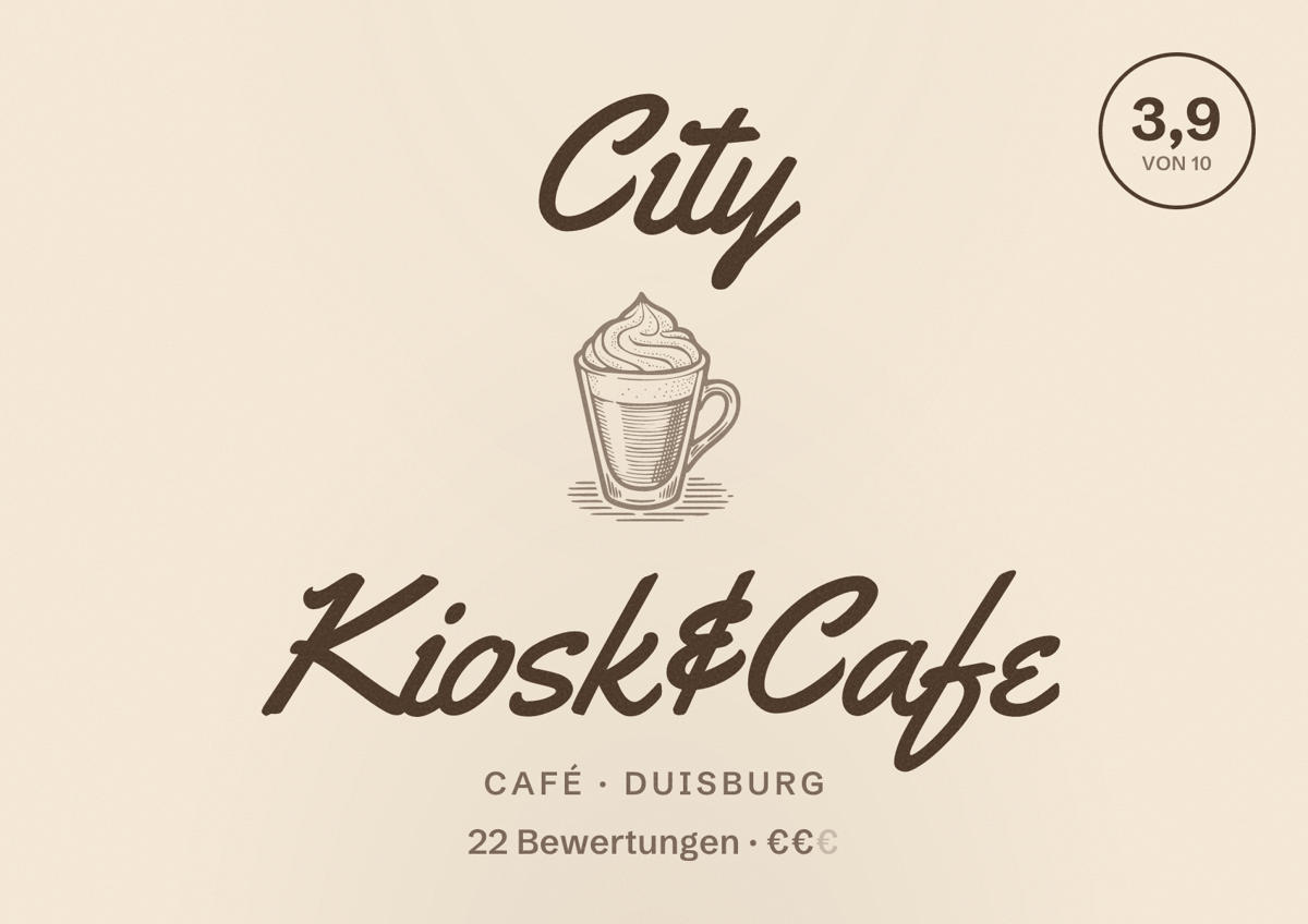 Illustriertes Poster von City Kiosk&Cafe, Café in Duisburg: Bewertung 3,9 von 10 aus 22 Bewertungen, Preisniveau €€