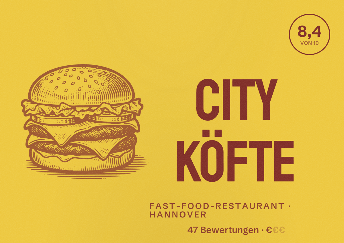 Illustriertes Poster von City köfte, Fast-Food-Restaurant in Hannover: Bewertung 8,4 von 10 aus 47 Bewertungen, Preisniveau €