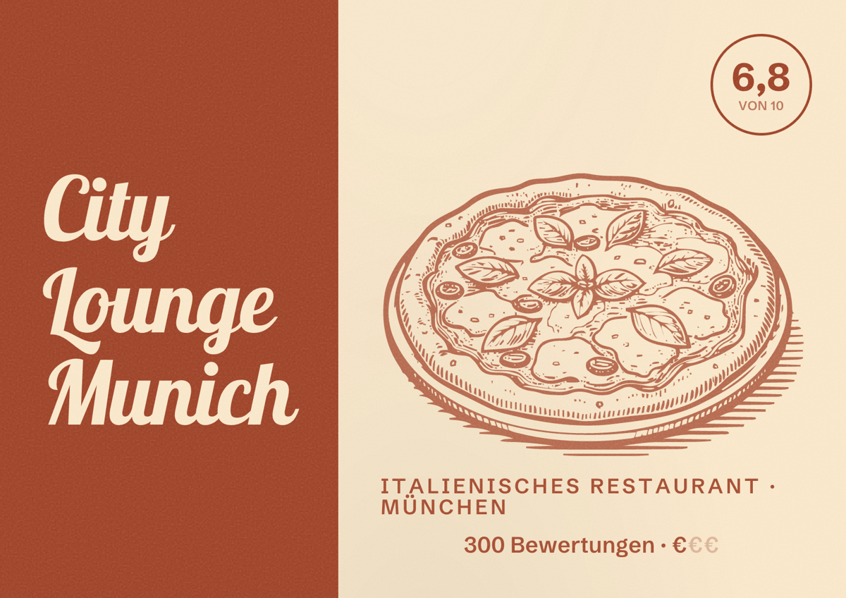 Illustriertes Poster von City Lounge Munich, Italienisches Restaurant in München: Bewertung 6,8 von 10 aus 300 Bewertungen, Preisniveau €