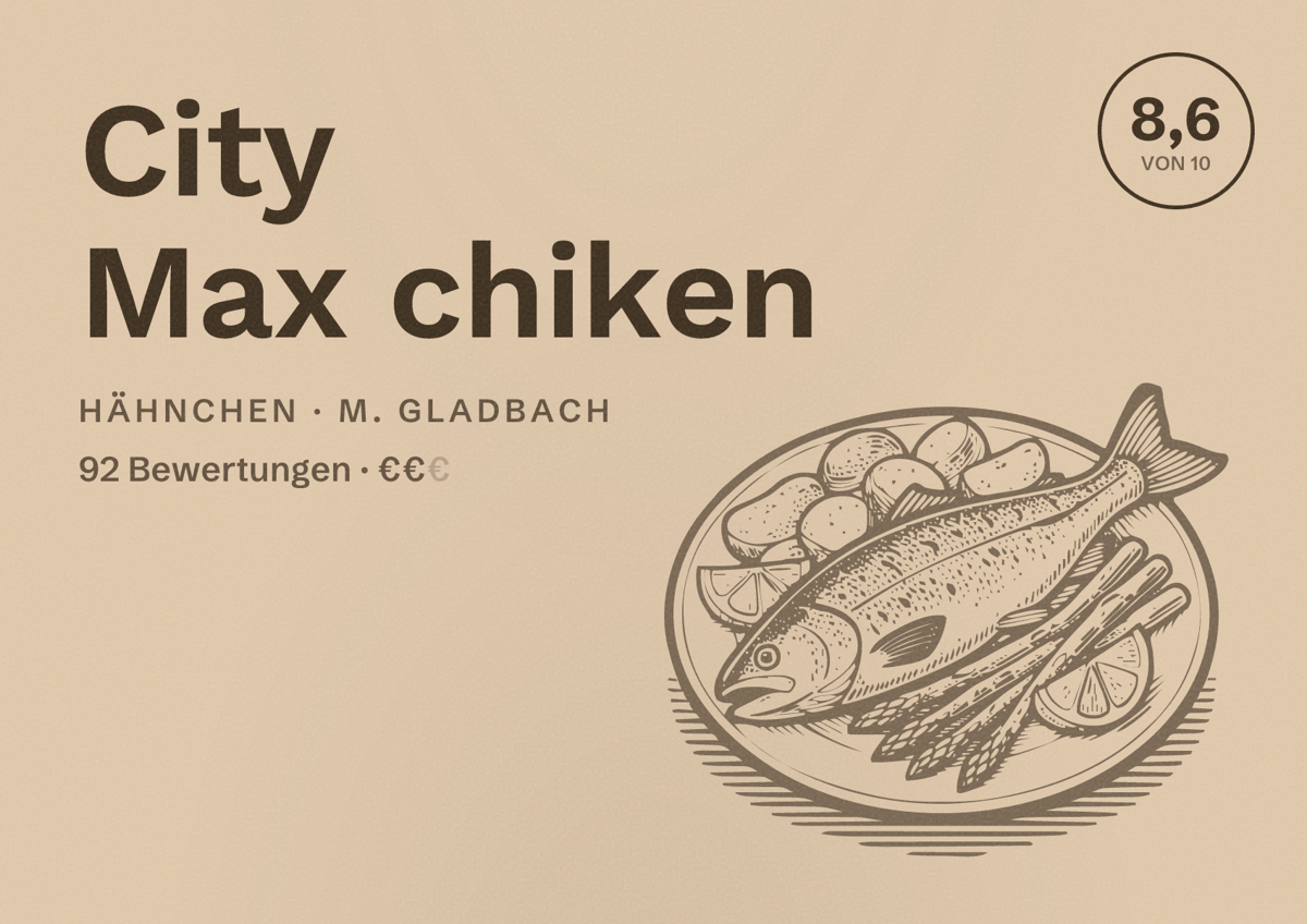 Illustriertes Poster von City Max chiken, Hähnchen in M. Gladbach: Bewertung 8,6 von 10 aus 92 Bewertungen, Preisniveau €€
