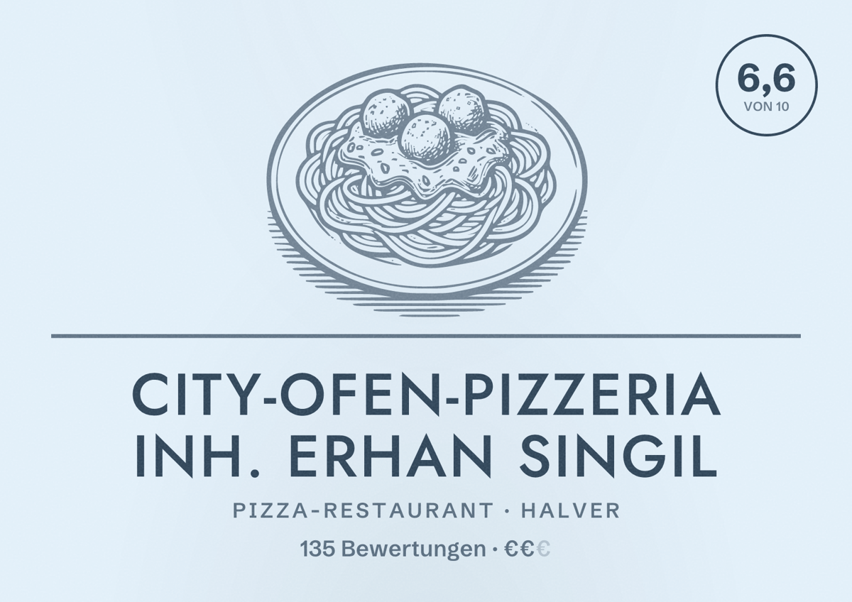 Illustriertes Poster von City-Ofen-Pizzeria Inh. Erhan Singil, Pizza-Restaurant in Halver: Bewertung 6,6 von 10 aus 135 Bewertungen, Preisniveau €€