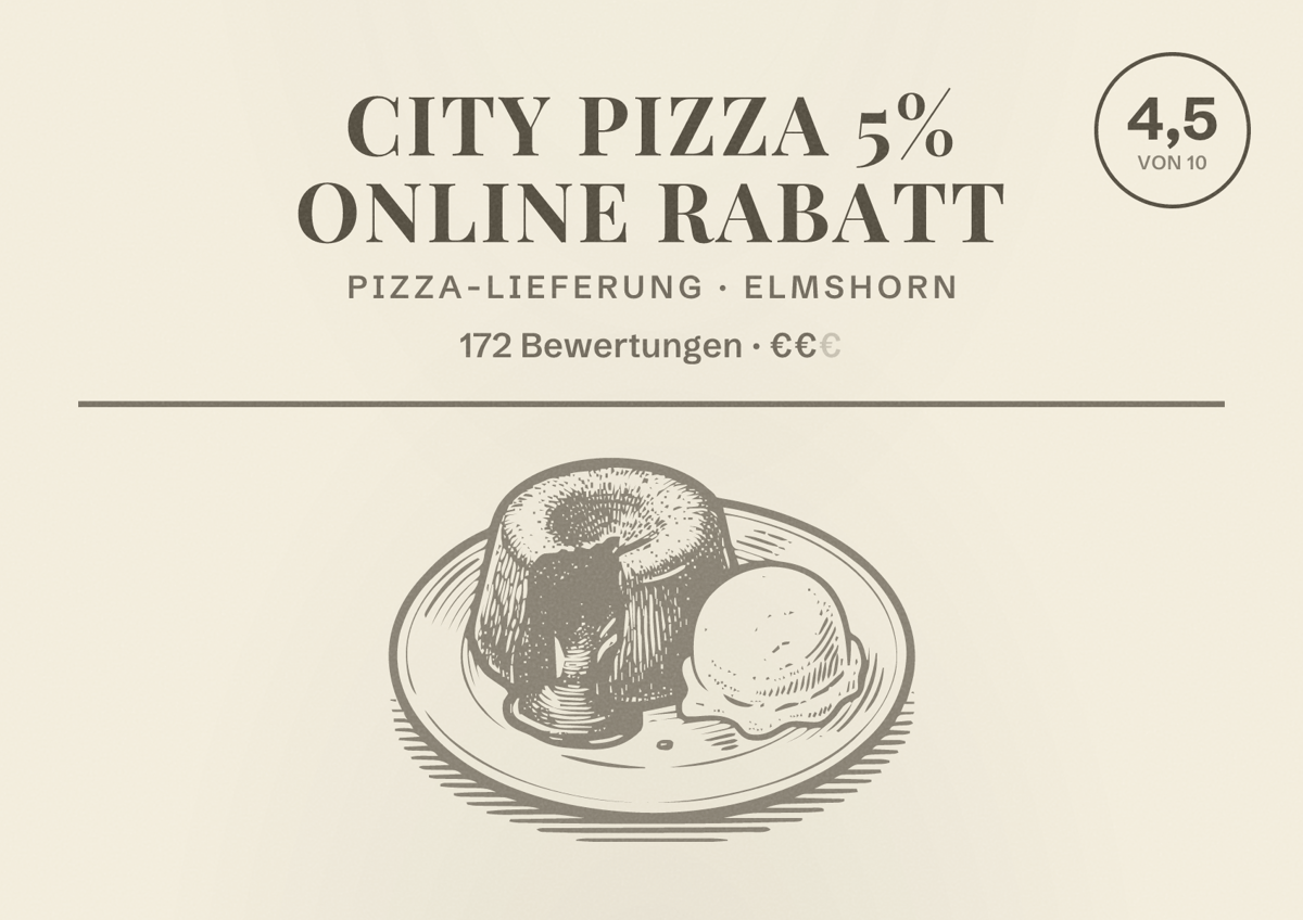 Illustriertes Poster von City Pizza 5% Online Rabatt, Pizza-Lieferung in Elmshorn: Bewertung 4,5 von 10 aus 172 Bewertungen, Preisniveau €€