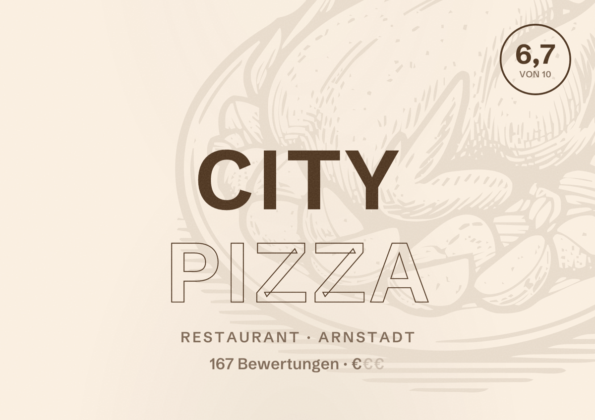 Illustriertes Poster von City Pizza, Restaurant in Arnstadt: Bewertung 6,7 von 10 aus 167 Bewertungen, Preisniveau €