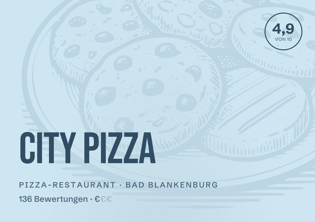 Illustriertes Poster von City Pizza, Pizza-Restaurant in Bad Blankenburg: Bewertung 4,9 von 10 aus 136 Bewertungen, Preisniveau €