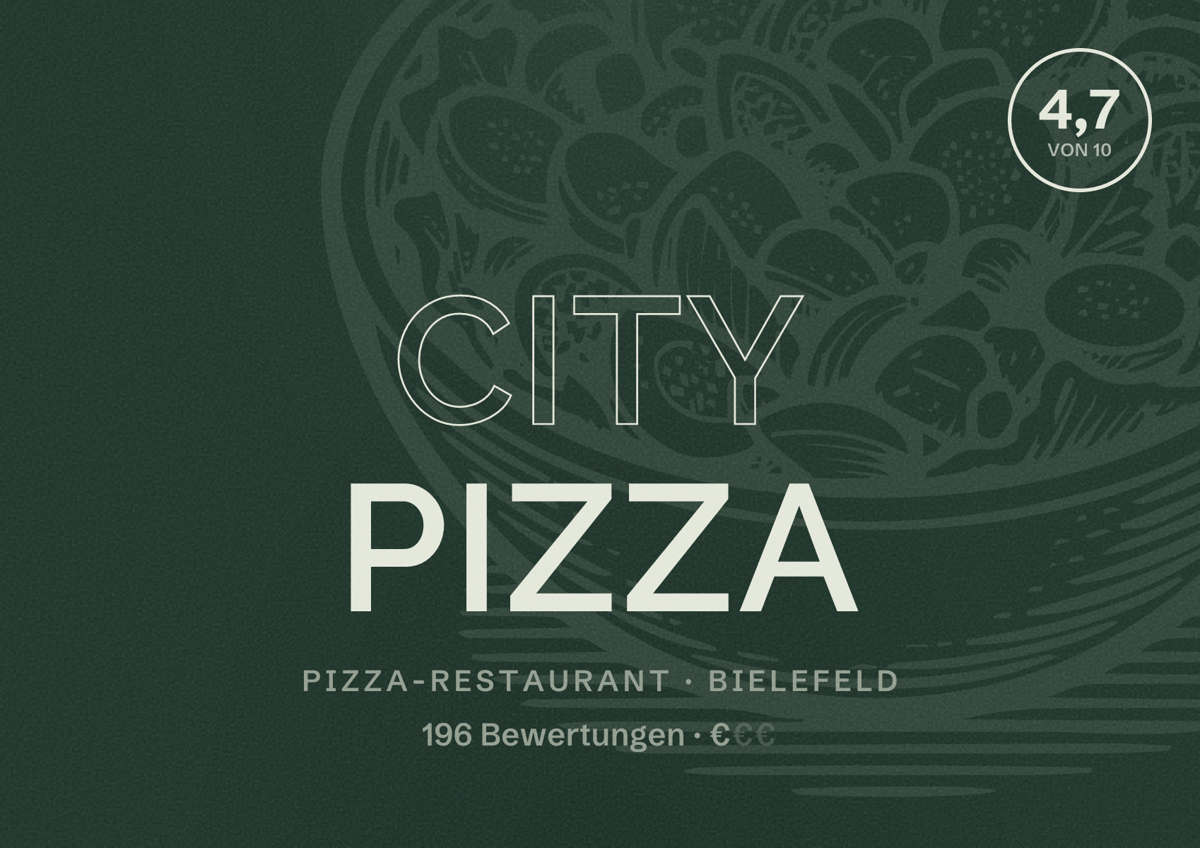 Illustriertes Poster von City Pizza, Pizza-Restaurant in Bielefeld: Bewertung 4,7 von 10 aus 196 Bewertungen, Preisniveau €