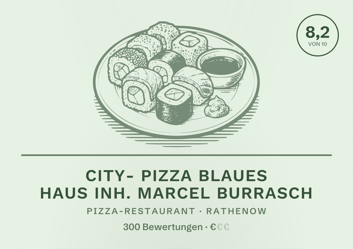 Illustriertes Poster von City- Pizza Blaues Haus Inh. Marcel Burrasch, Pizza-Restaurant in Rathenow: Bewertung 8,2 von 10 aus 300 Bewertungen, Preisniveau €