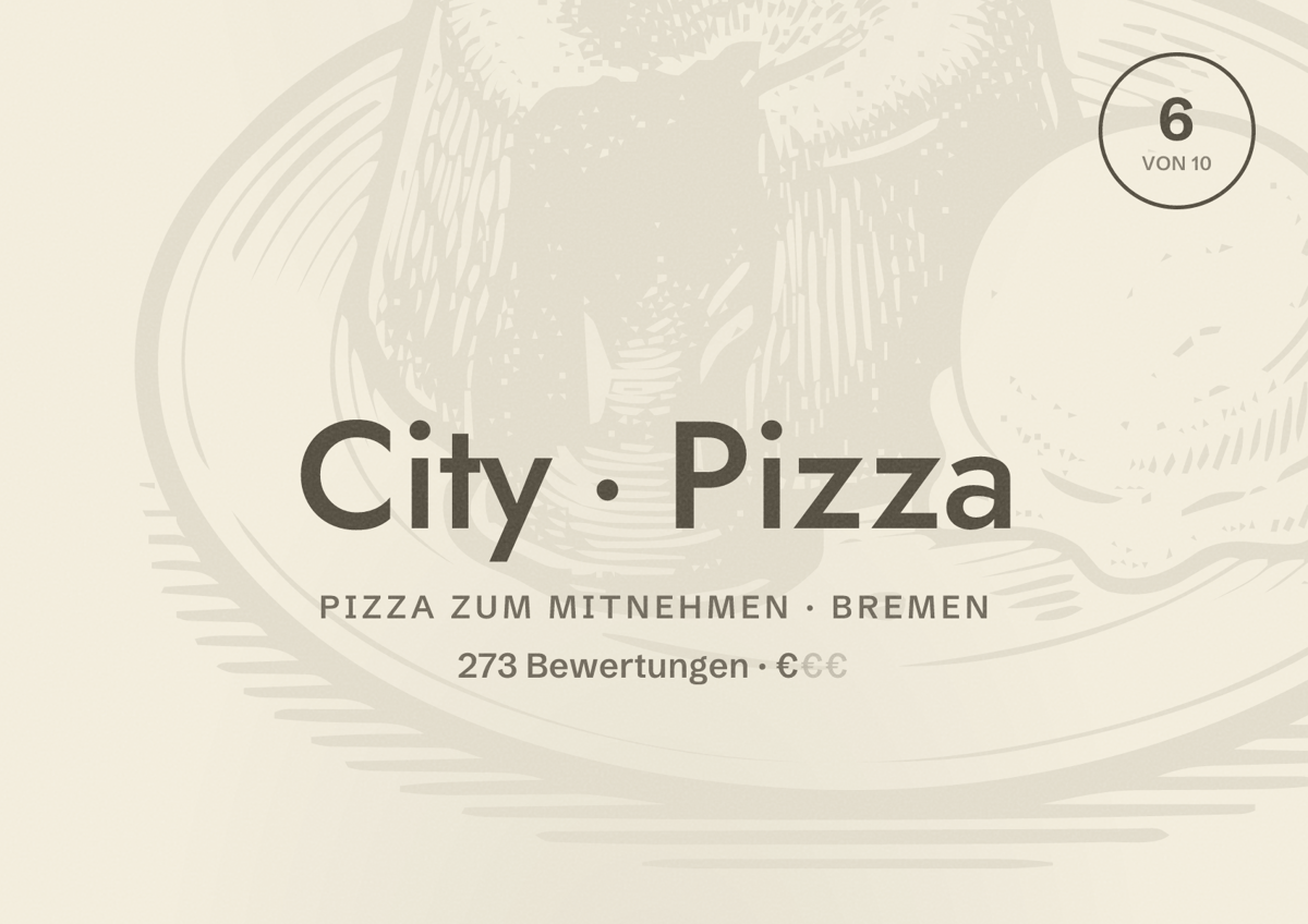 Illustriertes Poster von City Pizza, Pizza zum Mitnehmen in Bremen: Bewertung 6 von 10 aus 273 Bewertungen, Preisniveau €