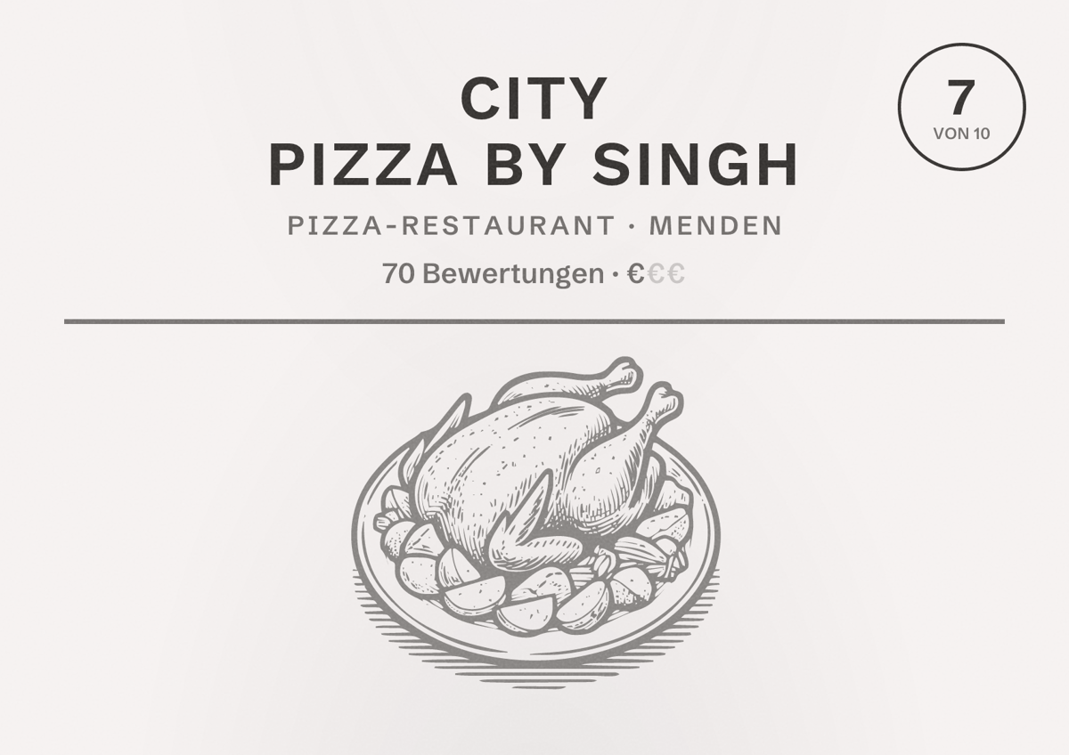 Illustriertes Poster von City Pizza by Singh, Pizza-Restaurant in Menden: Bewertung 7 von 10 aus 70 Bewertungen, Preisniveau €