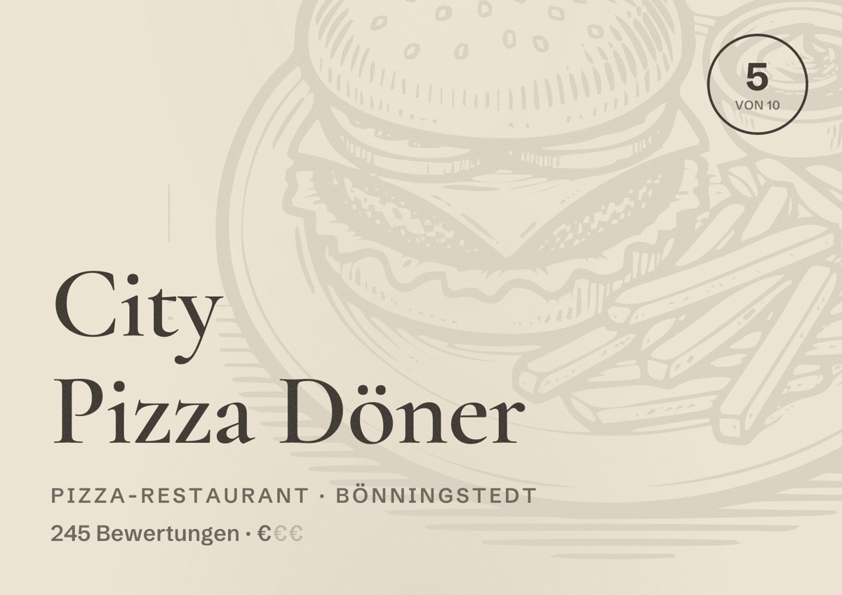 Illustriertes Poster von City Pizza Döner, Pizza-Restaurant in Bönningstedt: Bewertung 5 von 10 aus 245 Bewertungen, Preisniveau €