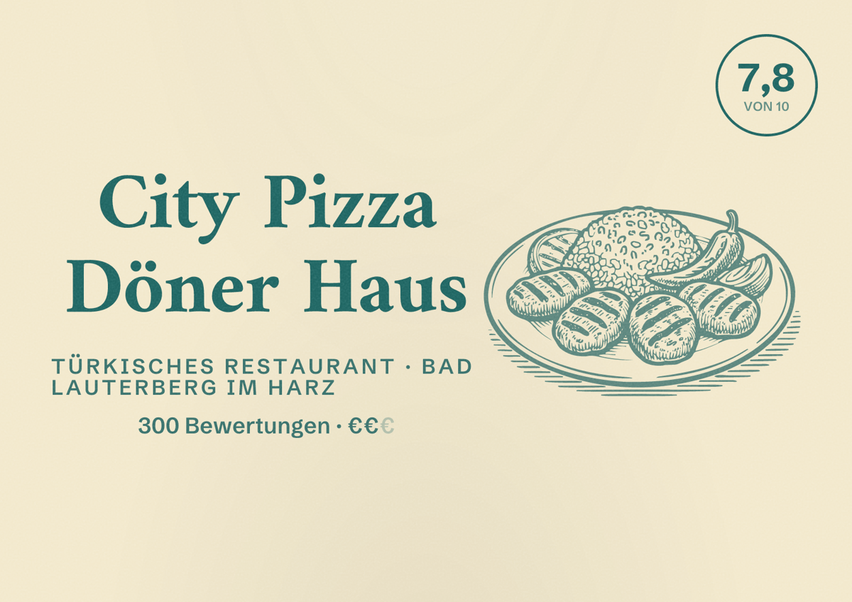 Illustriertes Poster von City Pizza Döner Haus, Türkisches Restaurant in Bad Lauterberg im Harz: Bewertung 7,8 von 10 aus 300 Bewertungen, Preisniveau €€