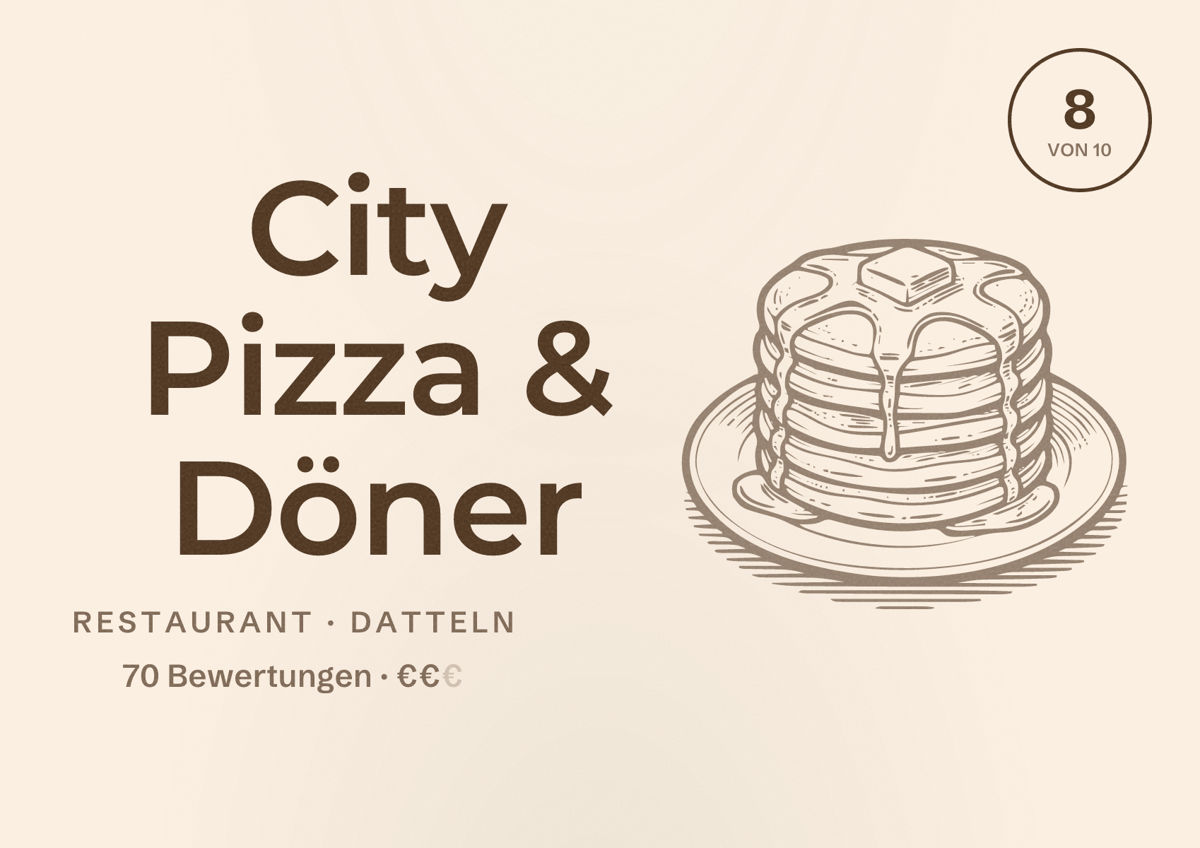 Illustriertes Poster von City Pizza & Döner, Restaurant in Datteln: Bewertung 8 von 10 aus 70 Bewertungen, Preisniveau €€