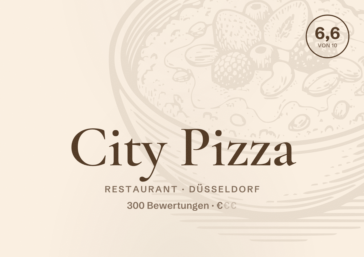Illustriertes Poster von City Pizza, Restaurant in Düsseldorf: Bewertung 6,6 von 10 aus 300 Bewertungen, Preisniveau €