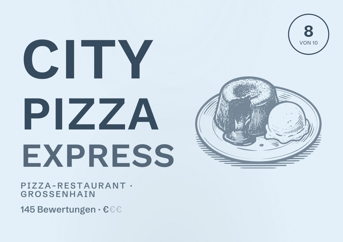 Illustriertes Poster von City Pizza Express, Pizza-Restaurant in Großenhain: Bewertung 8 von 10 aus 145 Bewertungen, Preisniveau €