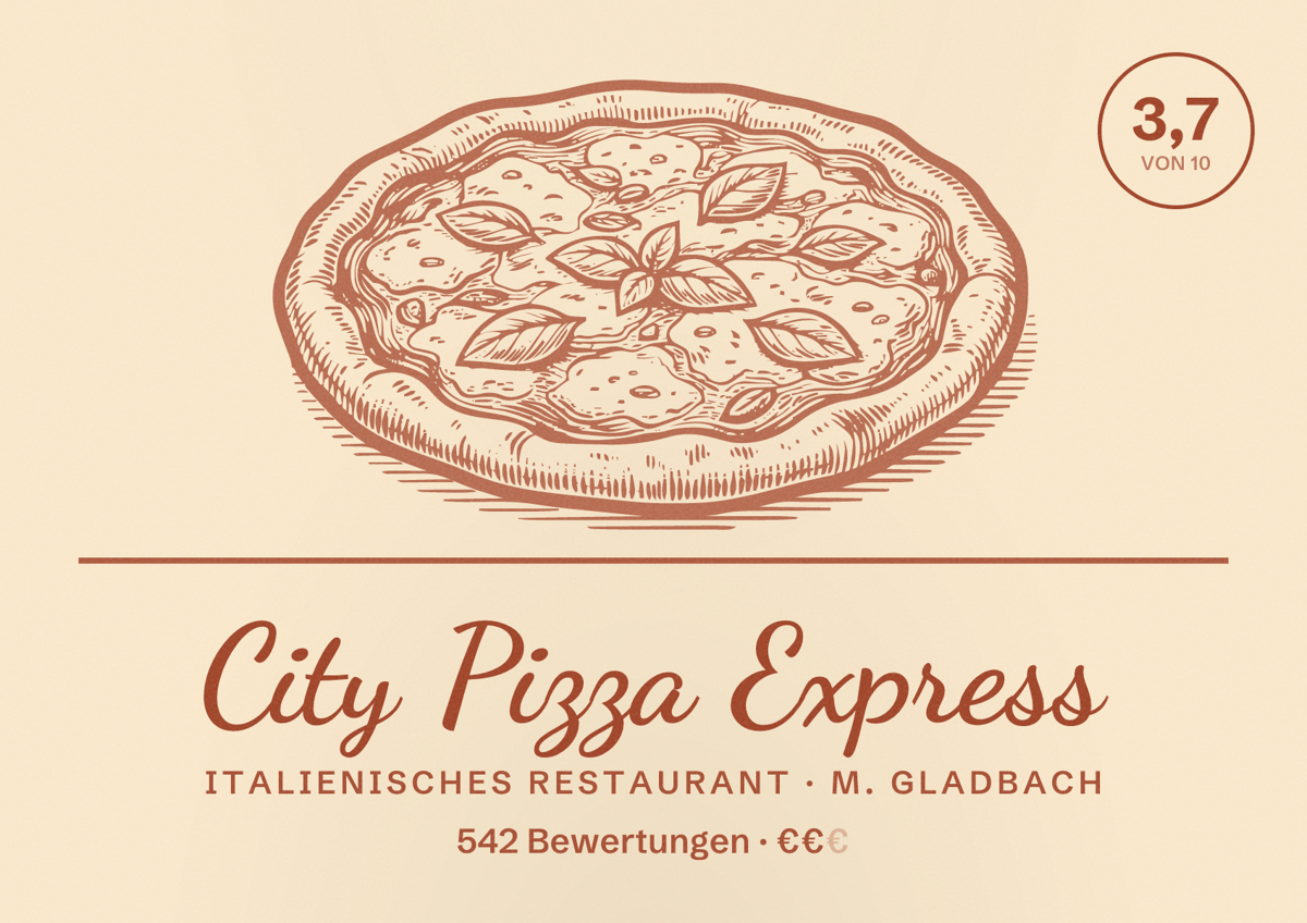Illustriertes Poster von City Pizza Express, Italienisches Restaurant in M. Gladbach: Bewertung 3,7 von 10 aus 542 Bewertungen, Preisniveau €€